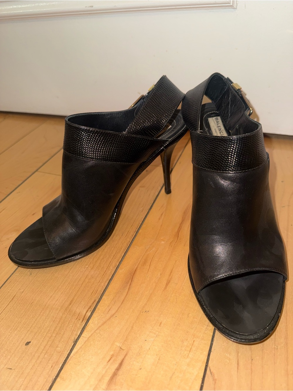 Balenciaga Black Leather Peep-Toe Slingback Stiletto Heels